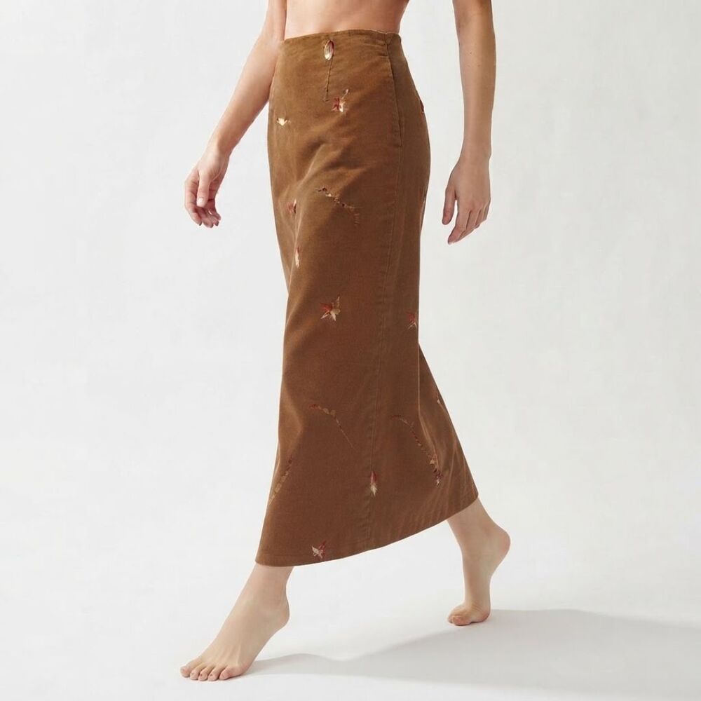 Coldwater Creek Faux Suede Maxi Skirt Size 10 Brown Embroidered Boho Long